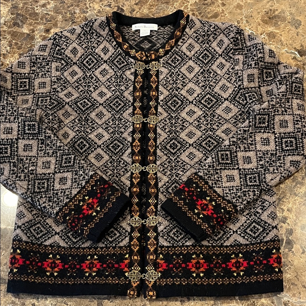 VTG Susan Bristol 100% Wool Nordic Fair Isle Knit Cardigan Sweater Brass Hooks M